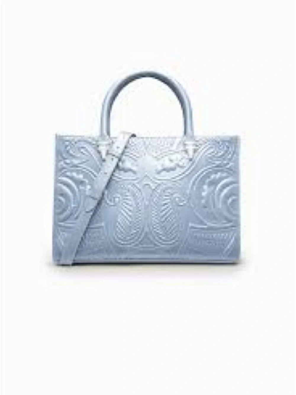 NWT Okhtein Egyptian Luxury Embossed Light Blue Leather Tote Bag w strap